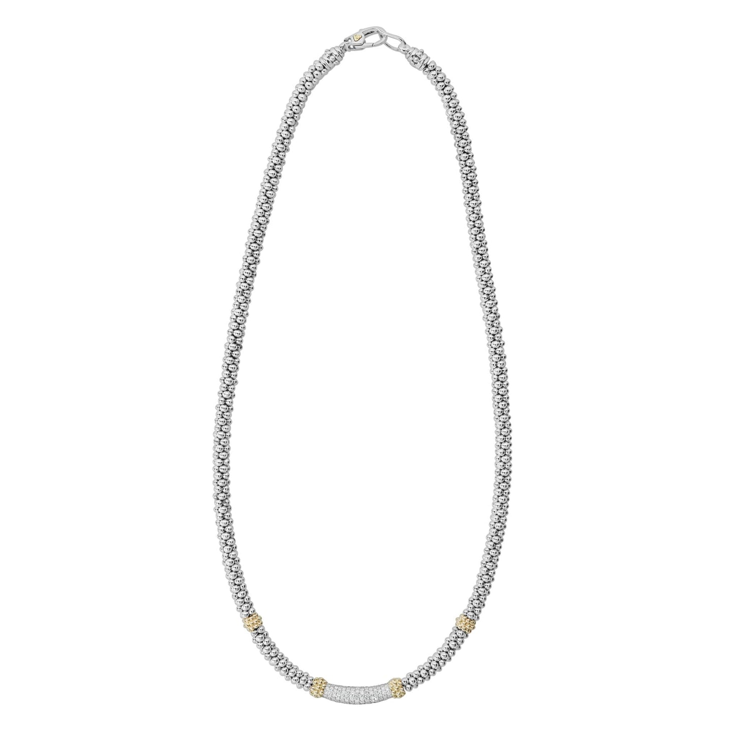A 3 mm sterling silver Caviar-rope necklace by LAGOS, featuring a pavé diamond station accented with 18K gold beads; total diamond weight approx. 0.24 ct, perfect for refined everyday elegance-2