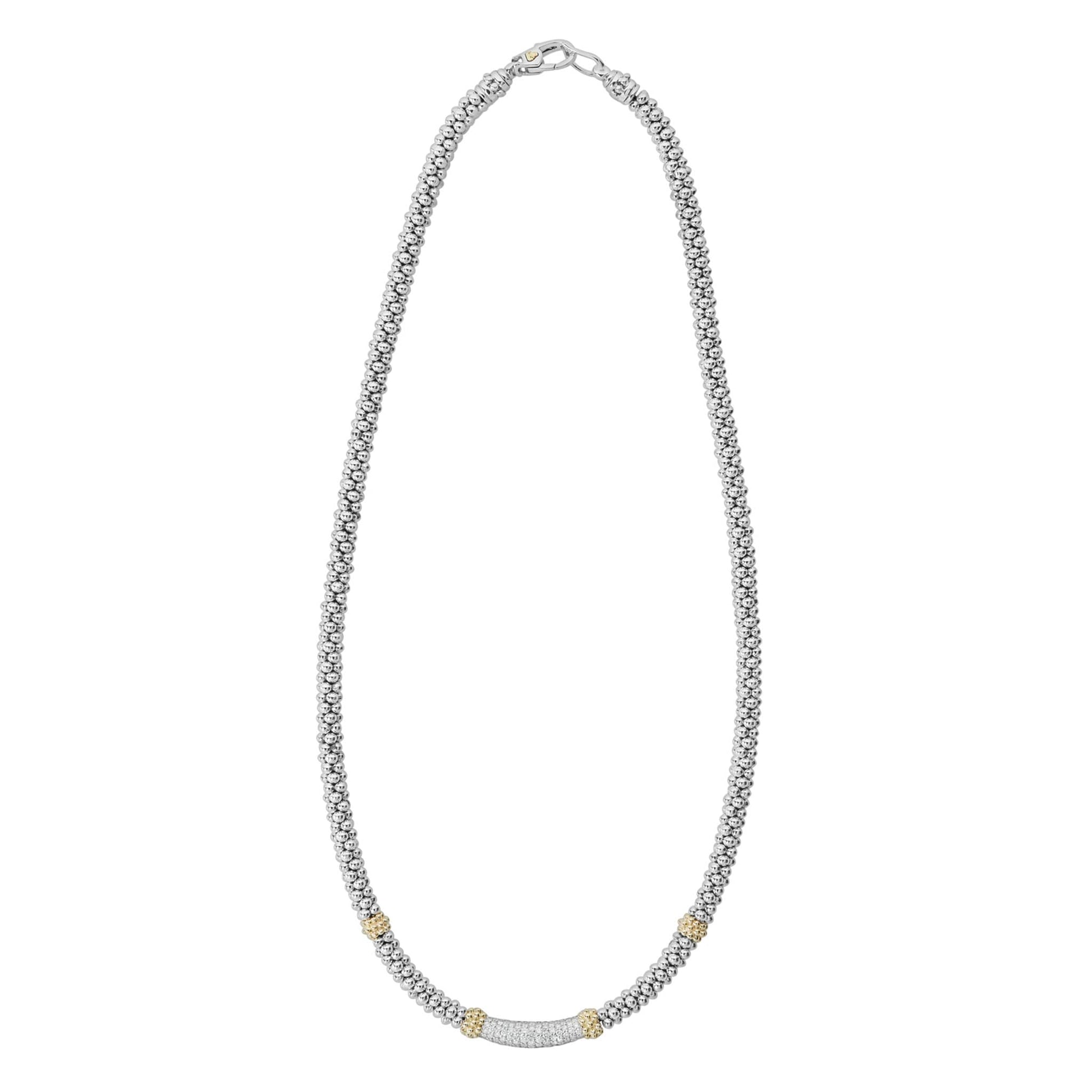 A 3 mm sterling silver Caviar-rope necklace by LAGOS, featuring a pavé diamond station accented with 18K gold beads; total diamond weight approx. 0.24 ct, perfect for refined everyday elegance-2