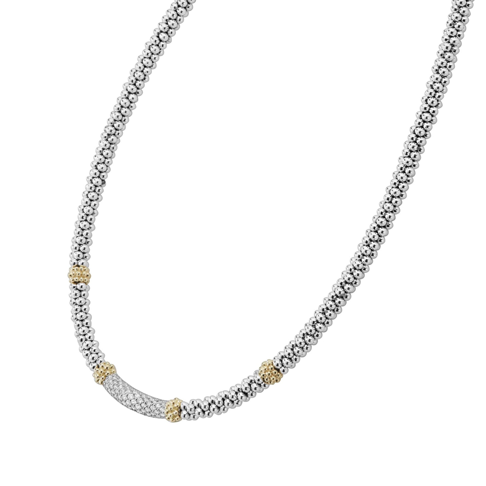 A 3 mm sterling silver Caviar-rope necklace by LAGOS, featuring a pavé diamond station accented with 18K gold beads; total diamond weight approx. 0.24 ct, perfect for refined everyday elegance-4
