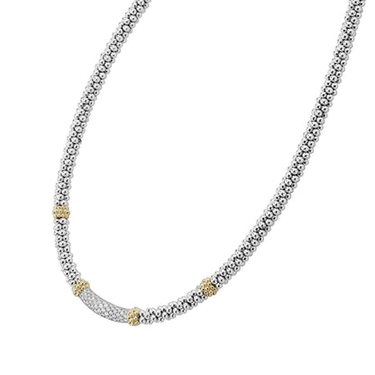A 3 mm sterling silver Caviar-rope necklace by LAGOS, featuring a pavé diamond station accented with 18K gold beads; total diamond weight approx. 0.24 ct, perfect for refined everyday elegance-4