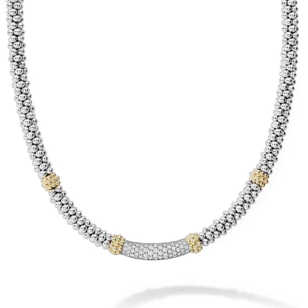 A 3 mm sterling silver Caviar-rope necklace by LAGOS, featuring a pavé diamond station accented with 18K gold beads; total diamond weight approx. 0.24 ct, perfect for refined everyday elegance