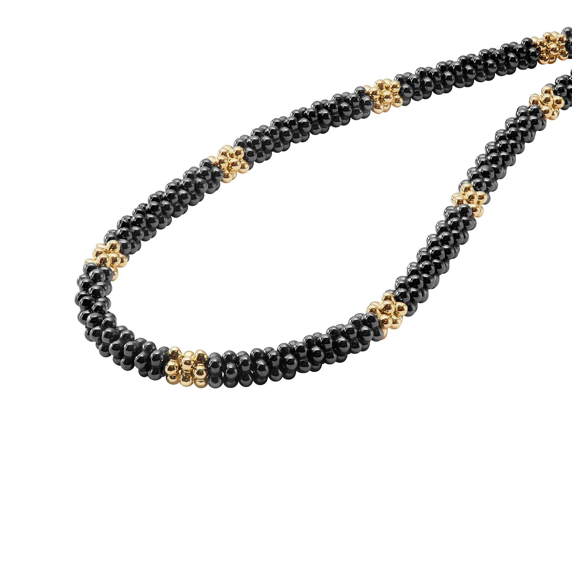 A refined Lignora Black Caviar necklace featuring twelve 18K gold small stations interspersed with black ceramic Caviar beads on a sterling silver rope, around 5 mm in width, 16″‑18″ length, secured with an 18K gold lobster clasp-1