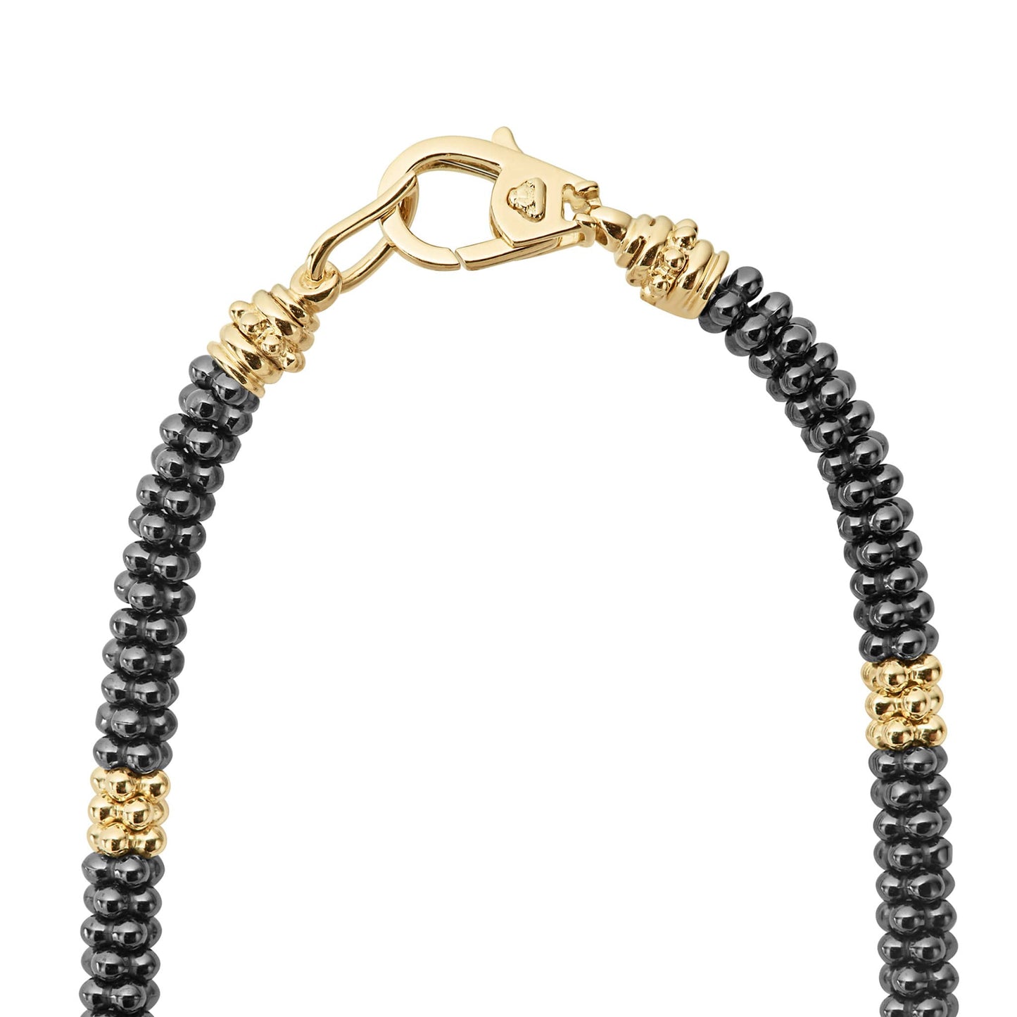 A refined Lignora Black Caviar necklace featuring twelve 18K gold small stations interspersed with black ceramic Caviar beads on a sterling silver rope, around 5 mm in width, 16″‑18″ length, secured with an 18K gold lobster clasp-2