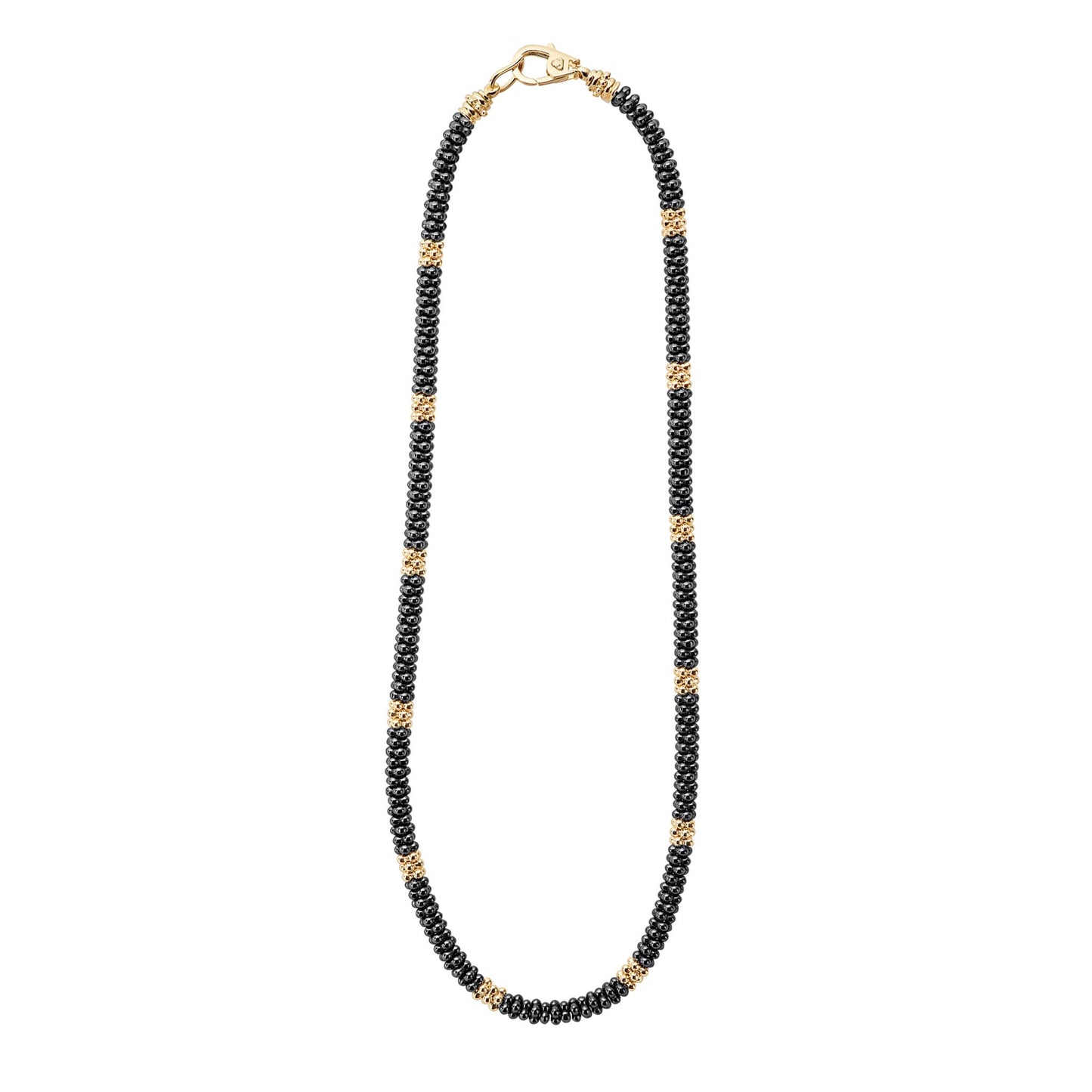 A refined Lignora Black Caviar necklace featuring twelve 18K gold small stations interspersed with black ceramic Caviar beads on a sterling silver rope, around 5 mm in width, 16″‑18″ length, secured with an 18K gold lobster clasp-4