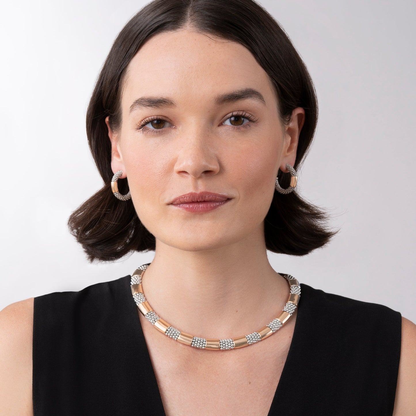 A luxurious 5 mm Lignora High Bar rose gold station Caviar necklace featuring six smooth 18K rose gold stations set into sterling silver rope with signature Caviar beading versatile and elegant for both day and evening wear-1