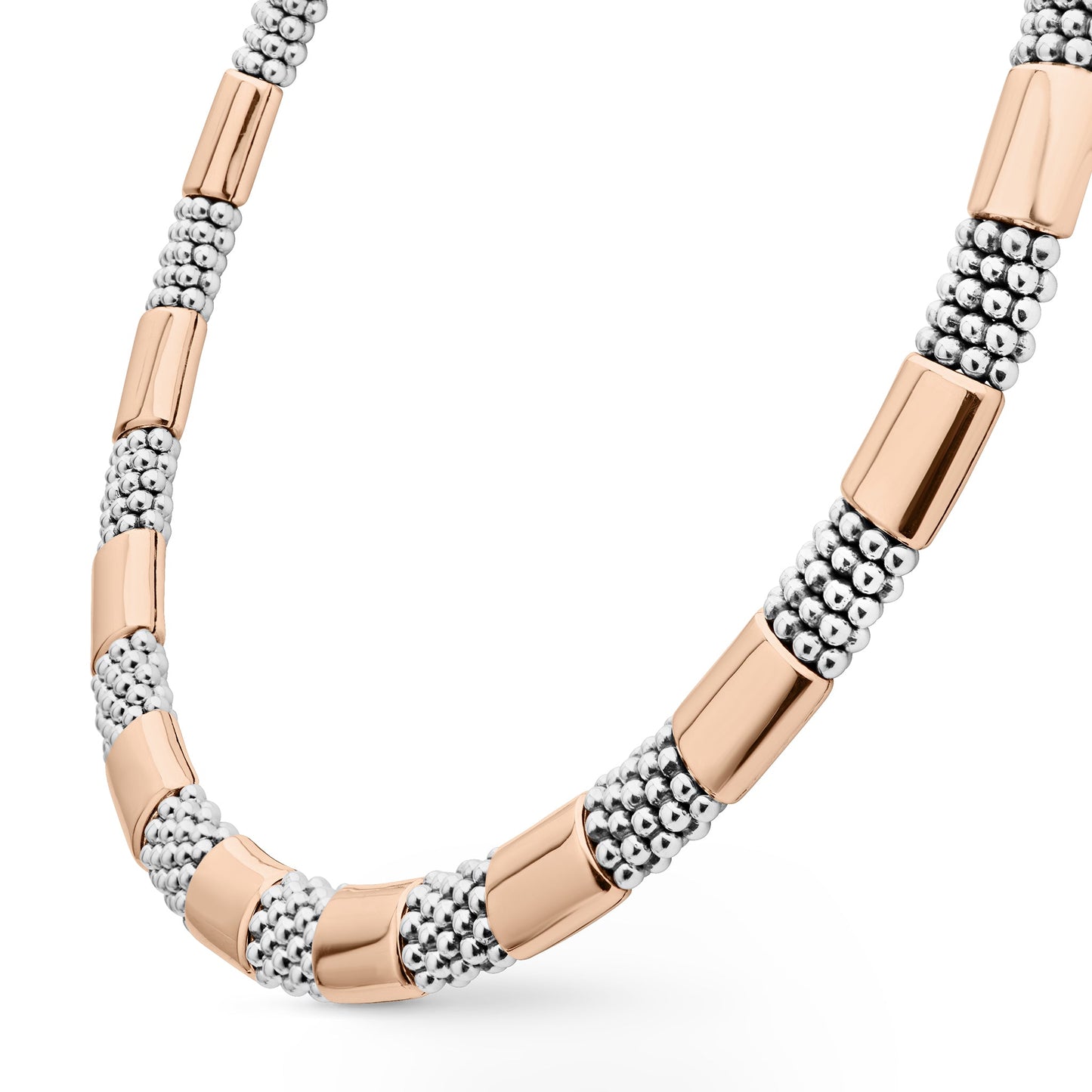 A luxurious 5 mm Lignora High Bar rose gold station Caviar necklace featuring six smooth 18K rose gold stations set into sterling silver rope with signature Caviar beading versatile and elegant for both day and evening wear-2