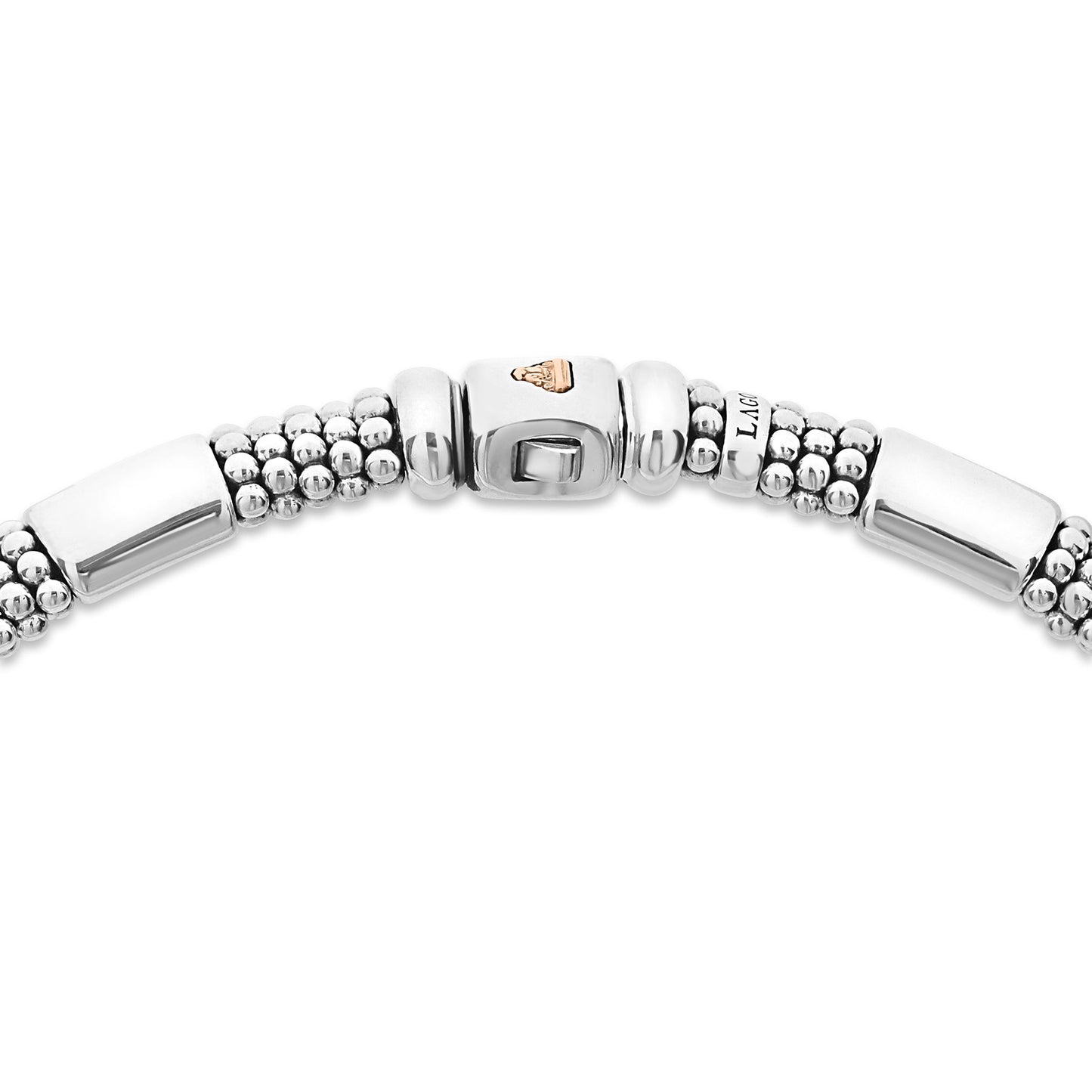 A luxurious 5 mm Lignora High Bar rose gold station Caviar necklace featuring six smooth 18K rose gold stations set into sterling silver rope with signature Caviar beading versatile and elegant for both day and evening wear-3