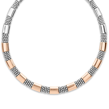 A luxurious 5 mm Lignora High Bar rose gold station Caviar necklace featuring six smooth 18K rose gold stations set into sterling silver rope with signature Caviar beading versatile and elegant for both day and evening wear