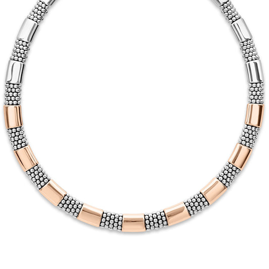 A luxurious 5 mm Lignora High Bar rose gold station Caviar necklace featuring six smooth 18K rose gold stations set into sterling silver rope with signature Caviar beading versatile and elegant for both day and evening wear