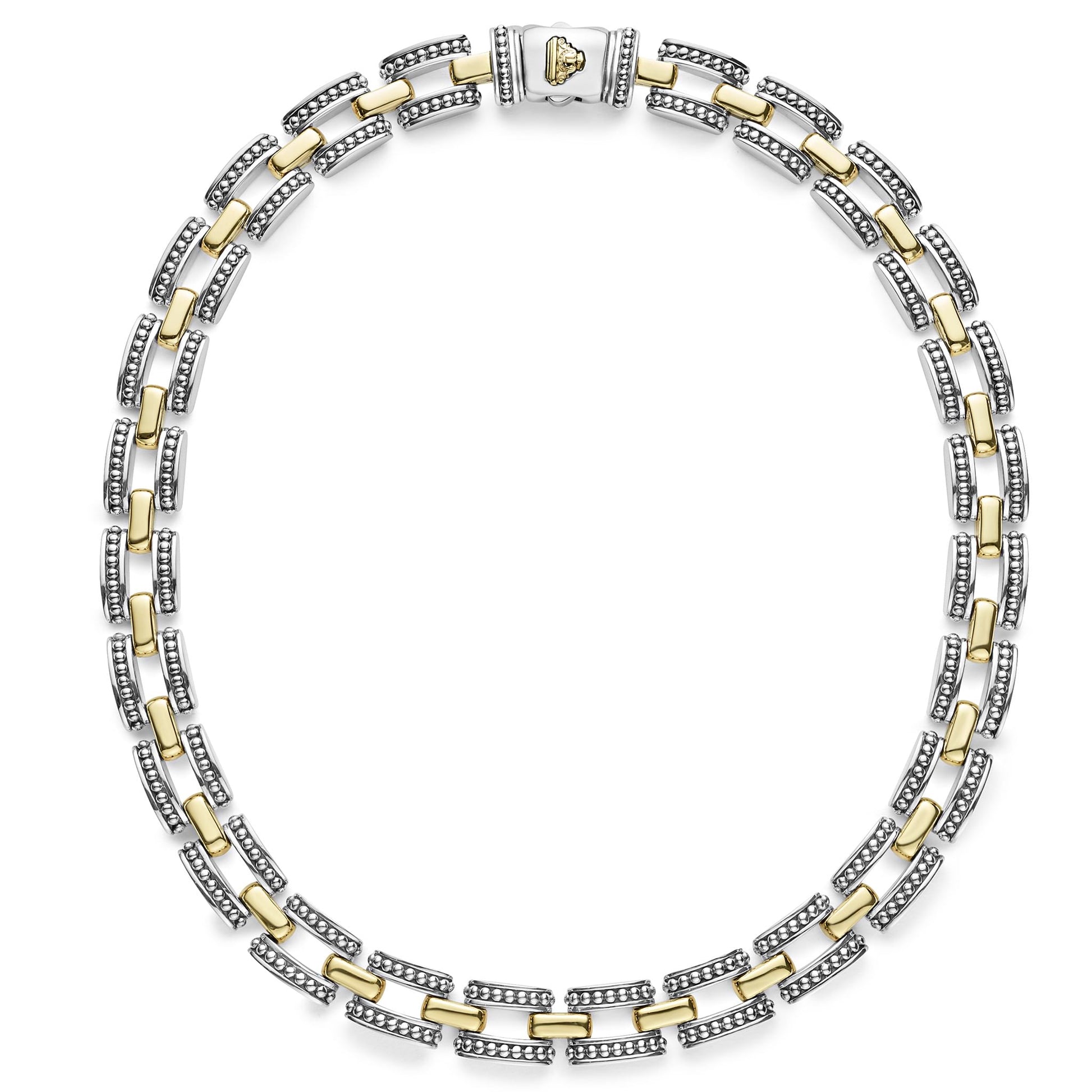 A two-tone Lignora High Bar Caviar link necklace featuring alternating sterling silver and 18K gold Caviar‑beaded links in a 22 mm width, secured by a double-button box clasp an elegant statement piece mixing silver and gold tones-1