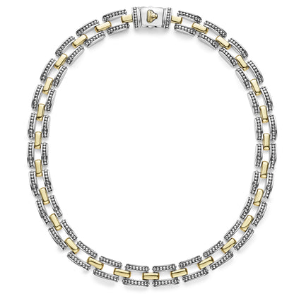 A two-tone Lignora High Bar Caviar link necklace featuring alternating sterling silver and 18K gold Caviar‑beaded links in a 22 mm width, secured by a double-button box clasp an elegant statement piece mixing silver and gold tones-1