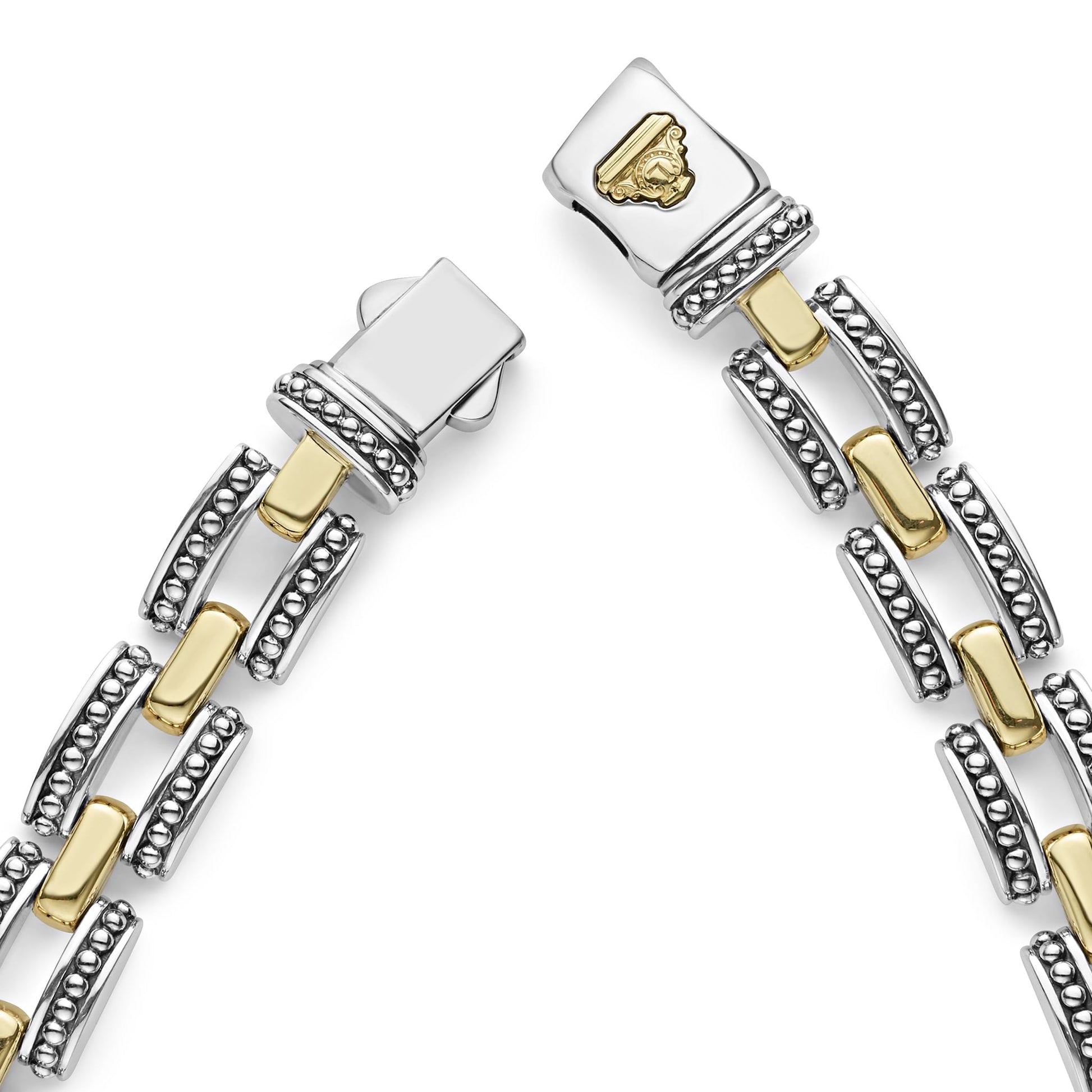 A two-tone Lignora High Bar Caviar link necklace featuring alternating sterling silver and 18K gold Caviar‑beaded links in a 22 mm width, secured by a double-button box clasp an elegant statement piece mixing silver and gold tones-2