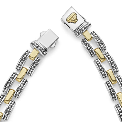 A two-tone Lignora High Bar Caviar link necklace featuring alternating sterling silver and 18K gold Caviar‑beaded links in a 22 mm width, secured by a double-button box clasp an elegant statement piece mixing silver and gold tones-2