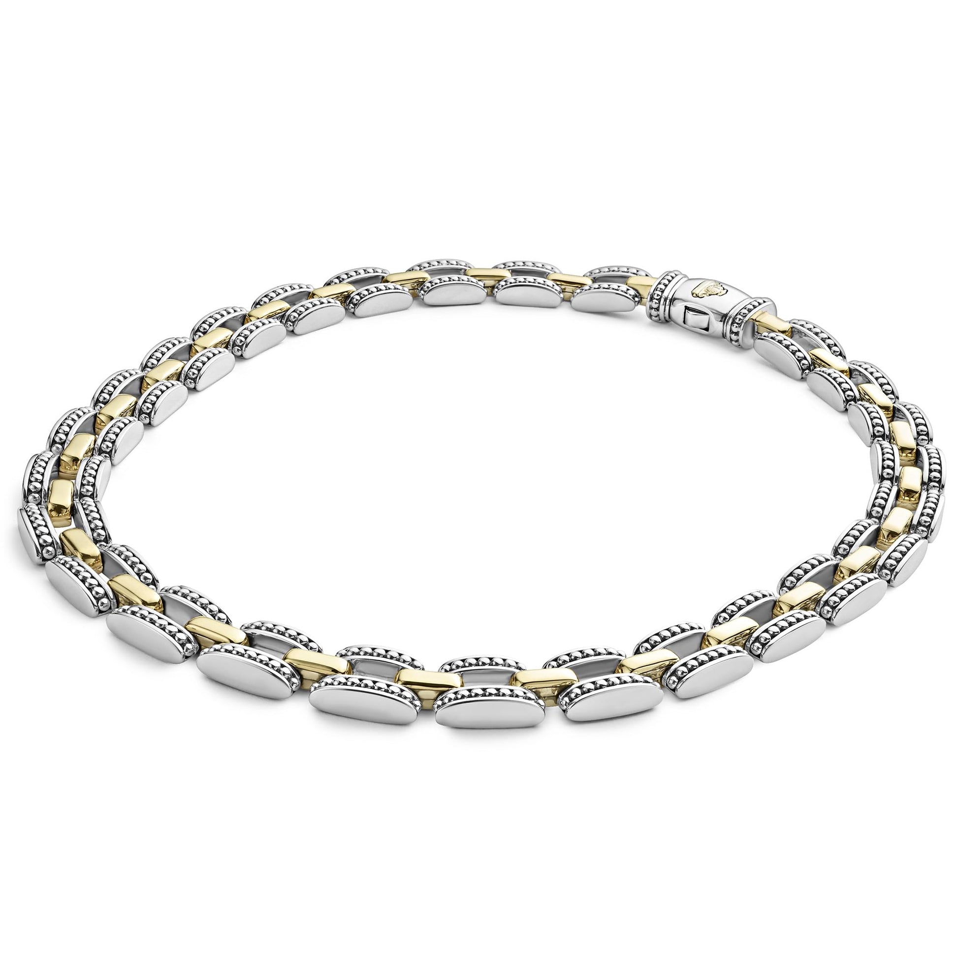 A two-tone Lignora High Bar Caviar link necklace featuring alternating sterling silver and 18K gold Caviar‑beaded links in a 22 mm width, secured by a double-button box clasp an elegant statement piece mixing silver and gold tones-3