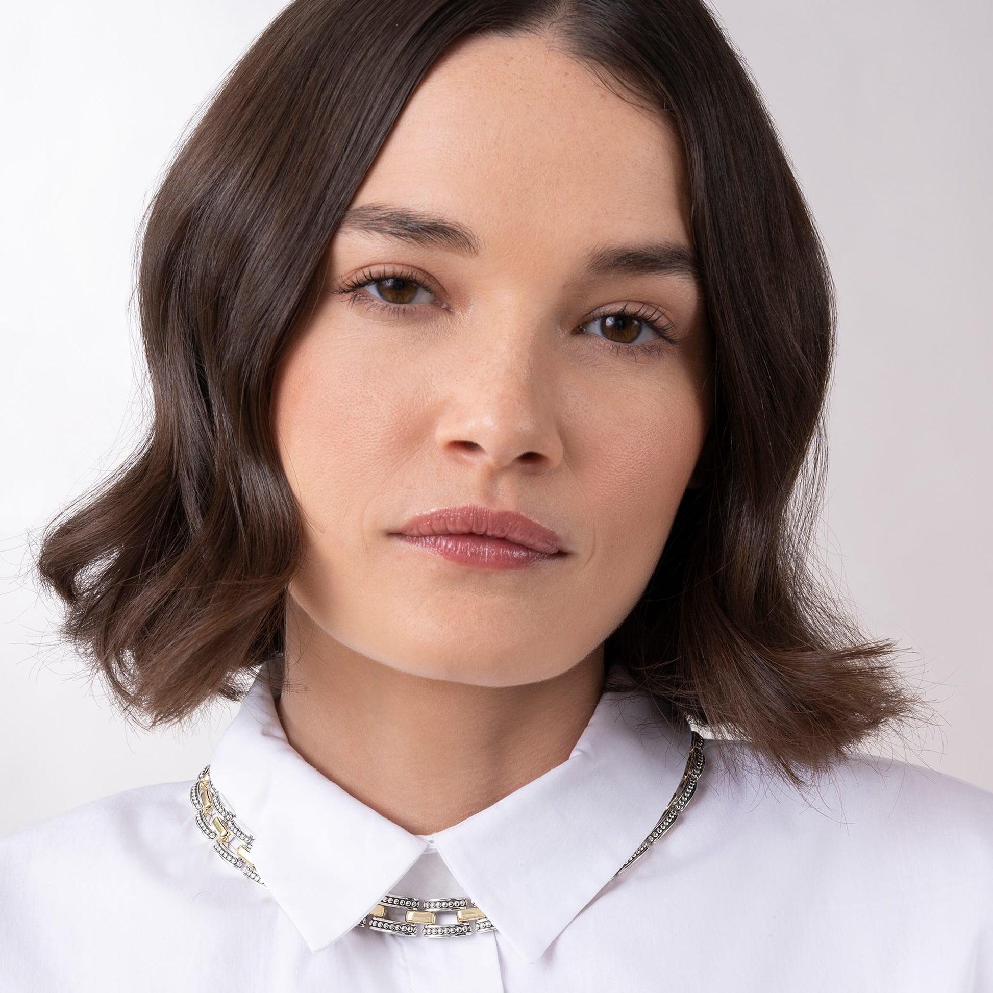 A two-tone Lignora High Bar Caviar link necklace featuring alternating sterling silver and 18K gold Caviar‑beaded links in a 22 mm width, secured by a double-button box clasp an elegant statement piece mixing silver and gold tones-5